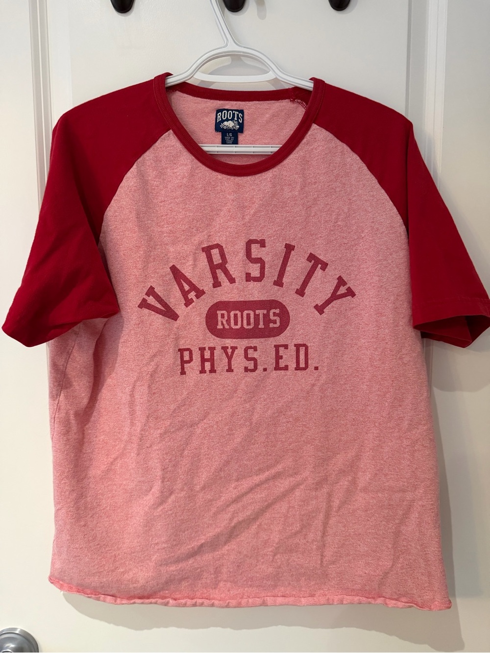 Roots Pink and Red Varsity Raglan Tee - Picture 1 of 2